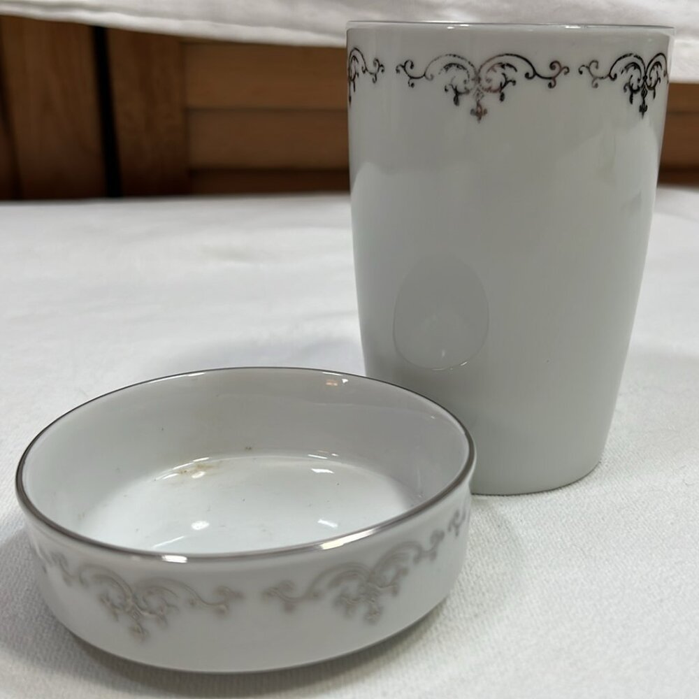 MCM Fukagawa Arita Ceramic Hand‎ Painted Silver Accent  Sauce Dish and Sake Cup